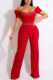 Red Elegant Print Patchwork V Neck Straight Jumpsuits