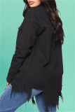 Black Fashion Casual Solid Ripped Turndown Collar Long Sleeve Regular Denim Jacket