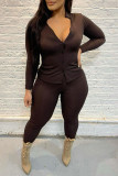 Coffee Sexy Solid Patchwork Buckle Turndown Collar Long Sleeve Two Pieces