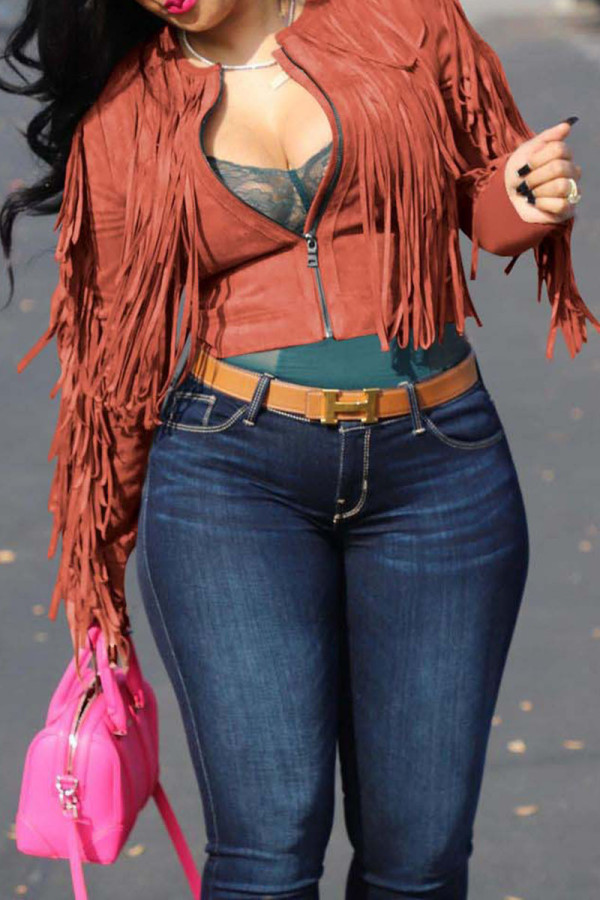 Rust Red Casual Street Solid Tassel Patchwork Zipper Outerwear