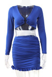 Royal Blue Fashion Sexy Solid Fold V Neck Long Sleeve Two Pieces