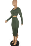 Green Sexy Solid Bandage Hollowed Out Patchwork Backless O Neck Straight Dresses