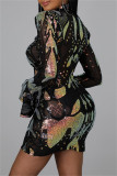 Pink Sexy Patchwork Bandage Hollowed Out Sequins Draw String Turtleneck Long Sleeve Dresses