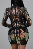 Pink Sexy Patchwork Bandage Hollowed Out Sequins Draw String Turtleneck Long Sleeve Dresses