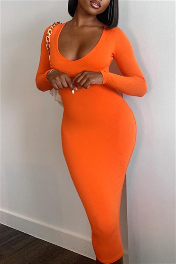 Orange Sexy Casual Solid Basic O Neck Long Sleeve Dresses