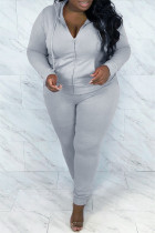 Grey Fashion Casual Solid Hot Drill Hooded Collar Plus Size Two Pieces