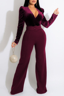 Red Sexy Solid Split Joint V Neck Straight Jumpsuits