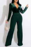 Black Sexy Solid Split Joint V Neck Straight Jumpsuits