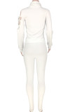 White Casual Solid Hollowed Out Patchwork Frenulum Turtleneck Long Sleeve Two Pieces
