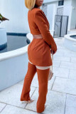 Apricot Fashion Patchwork Solid Hollowed Out Cardigan Pants Turndown Collar Long Sleeve Two Pieces
