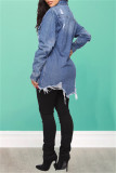 Baby Blue Fashion Casual Solid Ripped Turndown Collar Long Sleeve Regular Denim Jacket