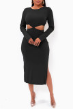Black Sexy Solid Bandage Hollowed Out Patchwork Backless O Neck Straight Dresses