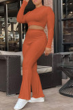 Orange Fashion Casual Solid Basic O Neck Plus Size Two Pieces