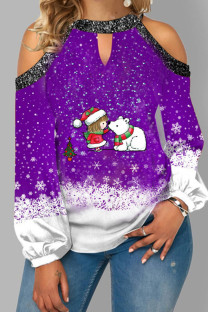 Purple Casual Sweet Print Hollowed Out Split Joint O Neck Tops