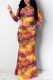 Yellow Sexy Print Hollowed Out Patchwork Frenulum U Neck Long Sleeve Two Pieces