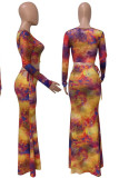 Yellow Sexy Print Hollowed Out Patchwork Frenulum U Neck Long Sleeve Two Pieces