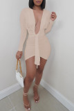 Apricot Fashion Sexy Solid Bandage V Neck Long Sleeve Dresses