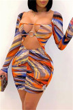 Red Fashion Sexy Print Hollowed Out Fold Square Collar Long Sleeve Dresses
