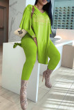 Fluorescent Color Fashion Casual Letter Print Slit V Neck Long Sleeve Two Pieces