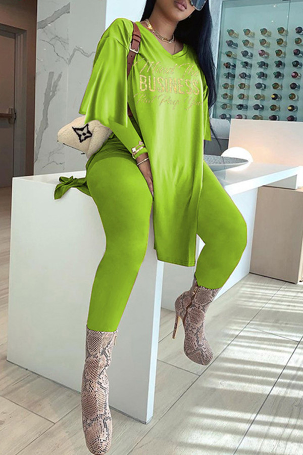 Fluorescent Color Fashion Casual Letter Print Slit V Neck Long Sleeve Two Pieces