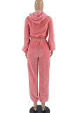 Pink Casual Solid Patchwork Zipper Hooded Collar Long Sleeve Two Pieces