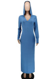 Blue Casual Solid Patchwork Slit Hooded Collar Straight Dresses