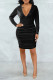 Black Sexy Solid Patchwork Fold V Neck One Step Skirt Dresses