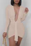 Apricot Fashion Sexy Solid Bandage V Neck Long Sleeve Dresses
