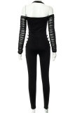 Black Sexy Solid Hollowed Out Patchwork See-through Zipper Halter Regular Jumpsuits
