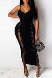 White Fashion Sexy Solid Bandage Hollowed Out Spaghetti Strap Long Dress