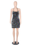 Colour Fashion Sexy Patchwork Bandage Sequins Backless Cold Shoulder Sling Dress