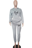 Grey Casual Print Patchwork Hooded Collar Long Sleeve Two Pieces