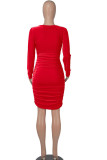 Red Sexy Solid Patchwork Fold V Neck One Step Skirt Dresses