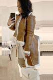 Brown Turtleneck Patchwork Solid Faux Fur Pure Long Sleeve 