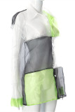 Green Fashion Casual Patchwork See-through Turndown Collar Outerwear