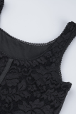 Black Sexy Print Lace Letter U Neck Skinny Jumpsuits