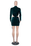 Ink Green Fashion Sexy Solid Hollowed Out Draw String Half A Turtleneck Long Sleeve Dresses