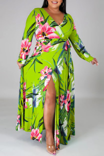 Green Fashion Casual Print Bandage Slit V Neck Long Sleeve Plus Size Dresses