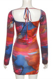 Red Fashion Sexy Print Hollowed Out Fold Square Collar Long Sleeve Dresses
