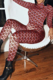 Red Fashion Casual Print Basic Turtleneck Long Sleeve Two Pieces