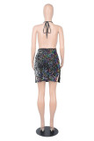 Colour Fashion Sexy Patchwork Bandage Sequins Backless Cold Shoulder Sling Dress