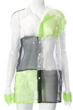 Green Fashion Casual Patchwork See-through Turndown Collar Outerwear