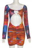 Red Fashion Sexy Print Hollowed Out Fold Square Collar Long Sleeve Dresses