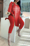 Red Fashion Casual Print Slit V Neck Long Sleeve Two Pieces
