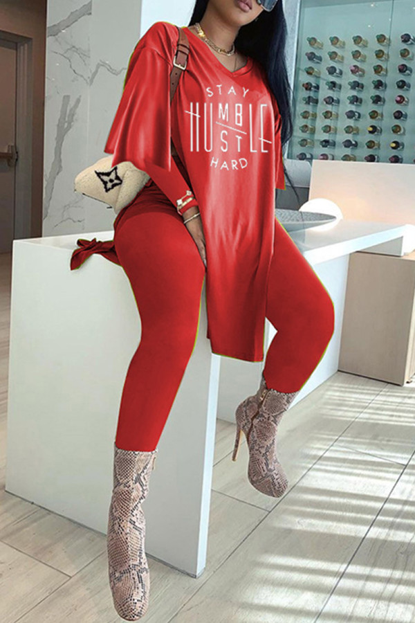 Red Fashion Casual Print Slit V Neck Long Sleeve Two Pieces