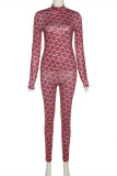 Red Fashion Casual Print Basic Turtleneck Long Sleeve Two Pieces