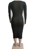 Black Casual Print Split Joint U Neck Straight Plus Size Dresses