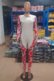 Red Fashion Casual Print Patchwork O Neck Regular Jumpsuits