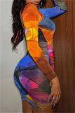 Red Fashion Sexy Print Hollowed Out Fold Square Collar Long Sleeve Dresses