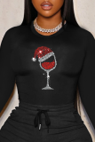 Black Casual Party Print Patchwork O Neck Tops